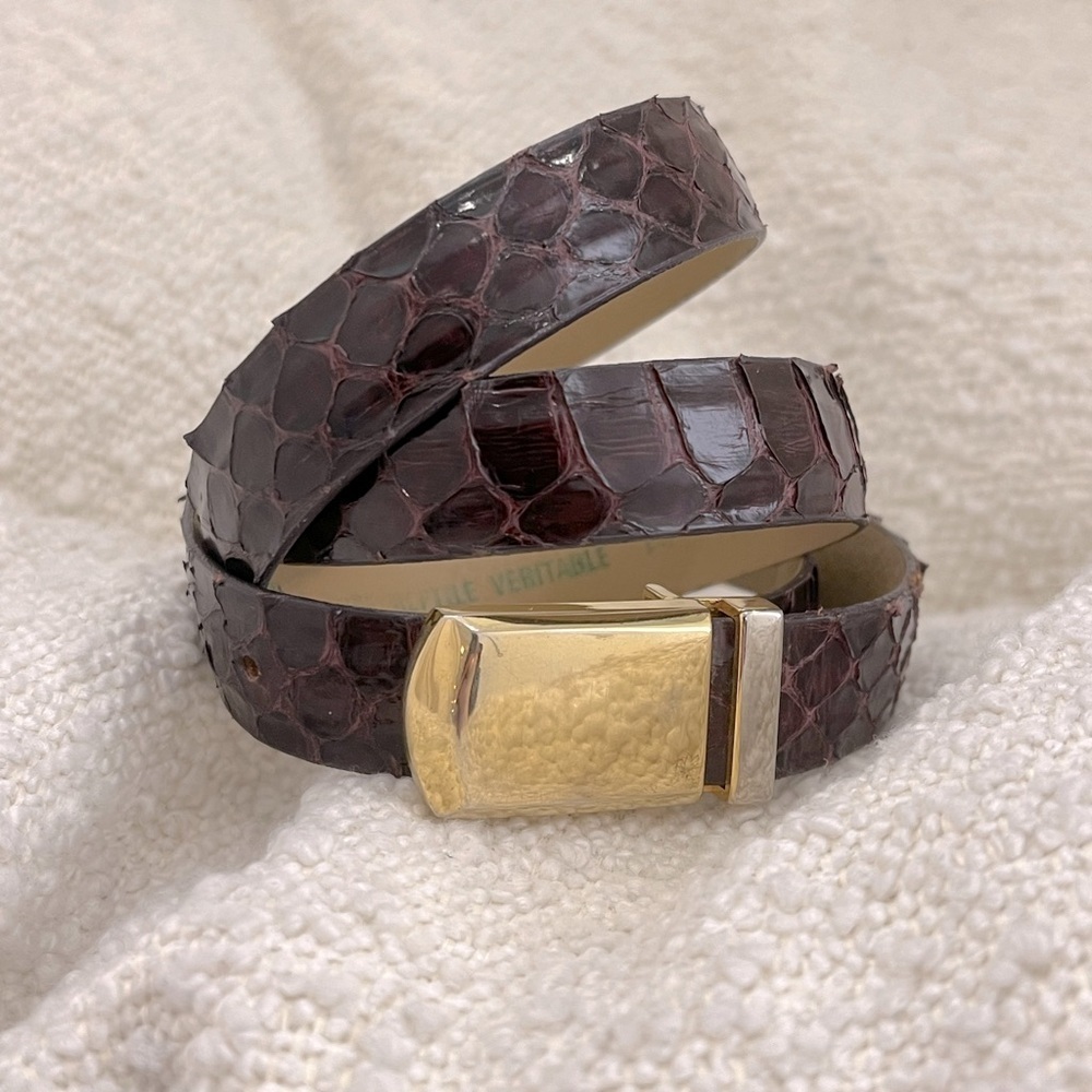 Vintage Dark Brown Crocodile Leather Belt with Gold Buckle